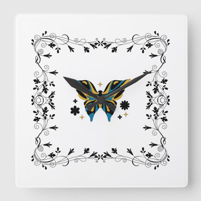 Black Butterfly Floral Art, Whimsical Fluttering Square Wall Clock (Front)