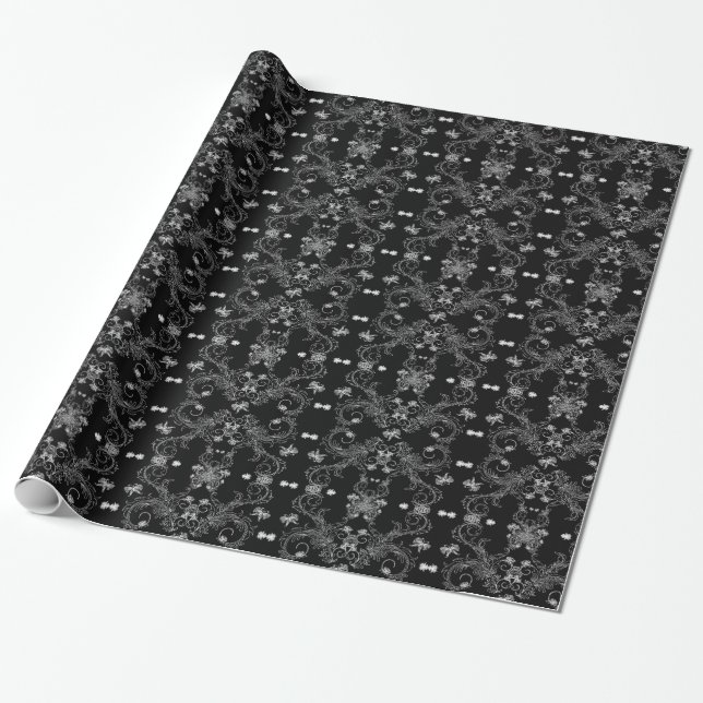 Black Butterfly Floral Damask Gothic Art Print Wrapping Paper (Unrolled)