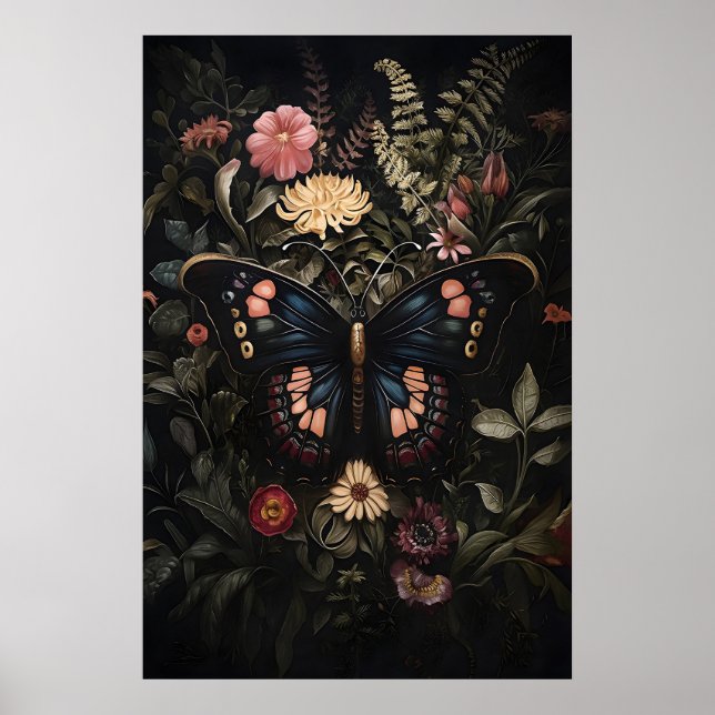Black butterfly in dark flower garden, moody moth poster (Front)