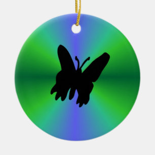Black Butterfly on Blue Green Rainbow Ceramic Ornament