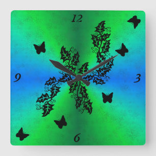 black Butterfly on blue green Rainbow Square Wall Clock