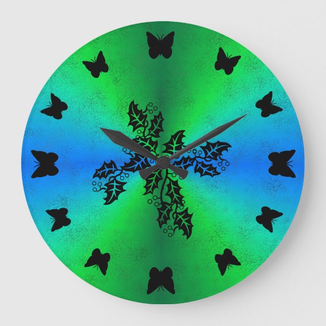 black Butterfly on green rainbow in leather optics Large Clock (Front)