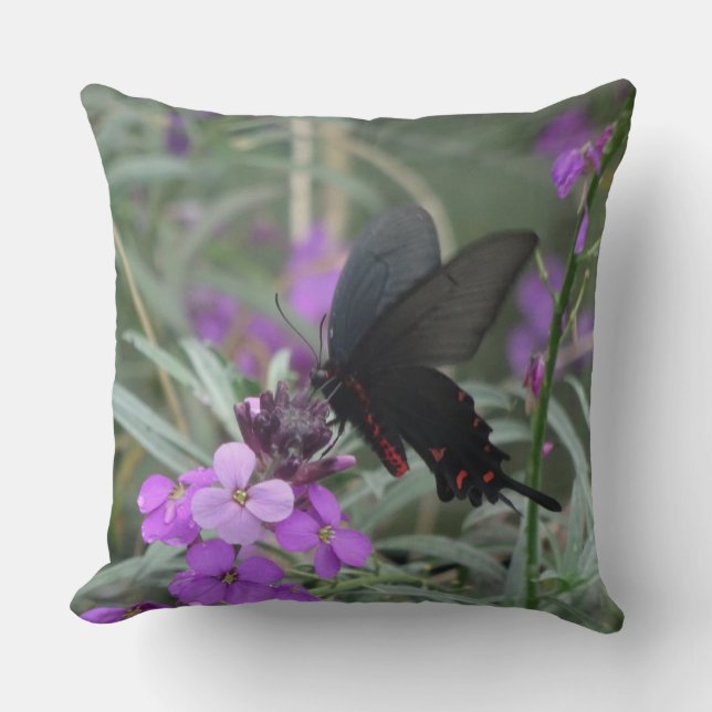 Black Butterfly on Purple Flowers Throw Pillow (Front)
