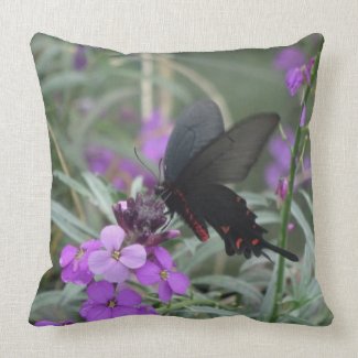 Black Butterfly on Purple Flowers Throw Pillow