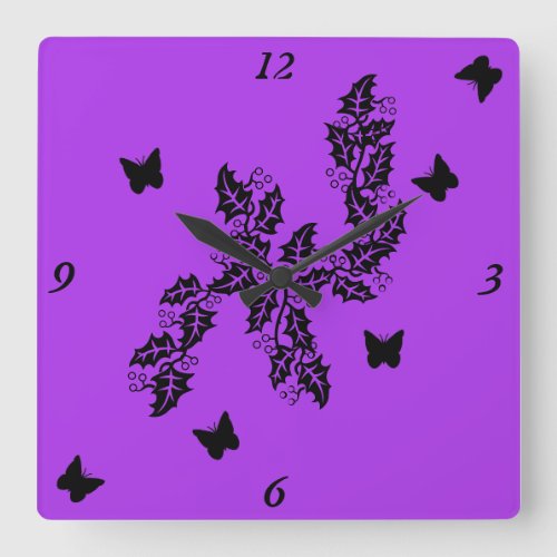black Butterfly on Purple Square Wall Clock