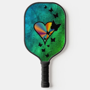 Black Butterfly on Rainbow Heart Pickleball Paddle