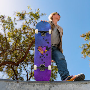 Black Butterfly on Rainbow Heart Skateboard