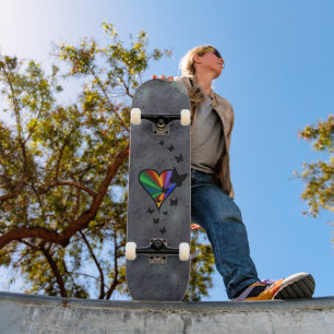 Black Butterfly on Rainbow Heart Skateboard