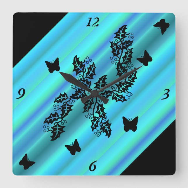 black Butterfly on  Rainbow Square Wall Clock (Front)