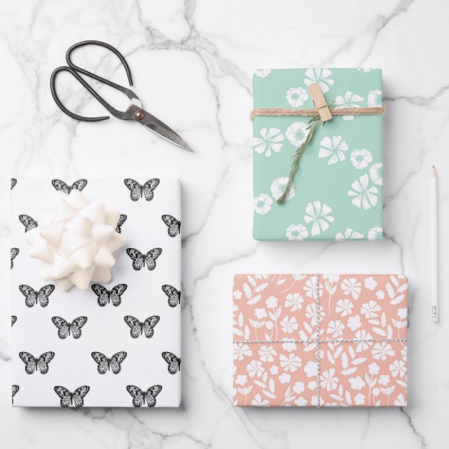 Black Butterfly Pastel Flowers Wrapping Paper Sheets (Front)