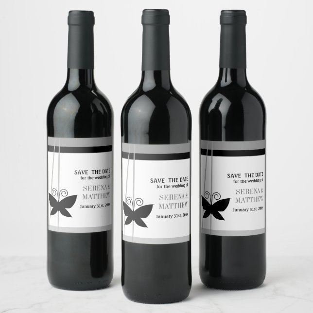 Black Butterfly Save the Date Wine Label (Bottles)