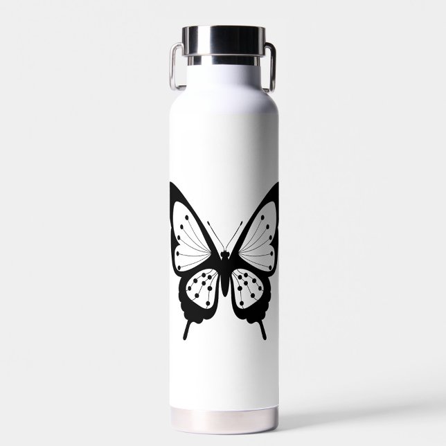 Black Butterfly  Water Bottle (A sleek, modern water bottle featuring a striking black butterfly design on a white background.)