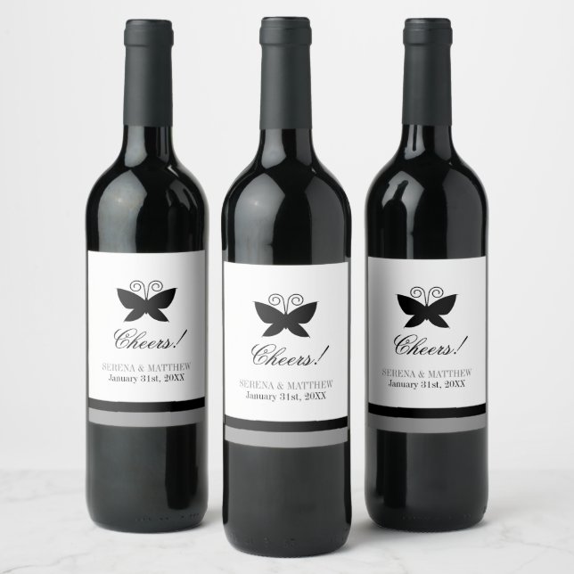 Black Butterfly Wedding Cheers Wine Label (Bottles)