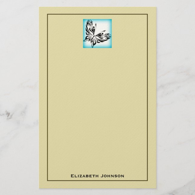 Black Butterfly with Blue Border Personalized Stationery (Front)