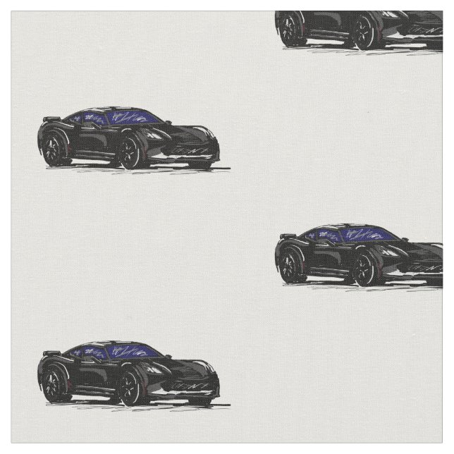 Black C7 Corvette Hand Drawn Sketch Fabric (Close Up)