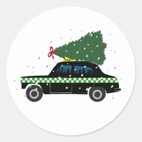 Black Cab Taxi Christmas Tree Drawing Snow  Classic Round Sticker