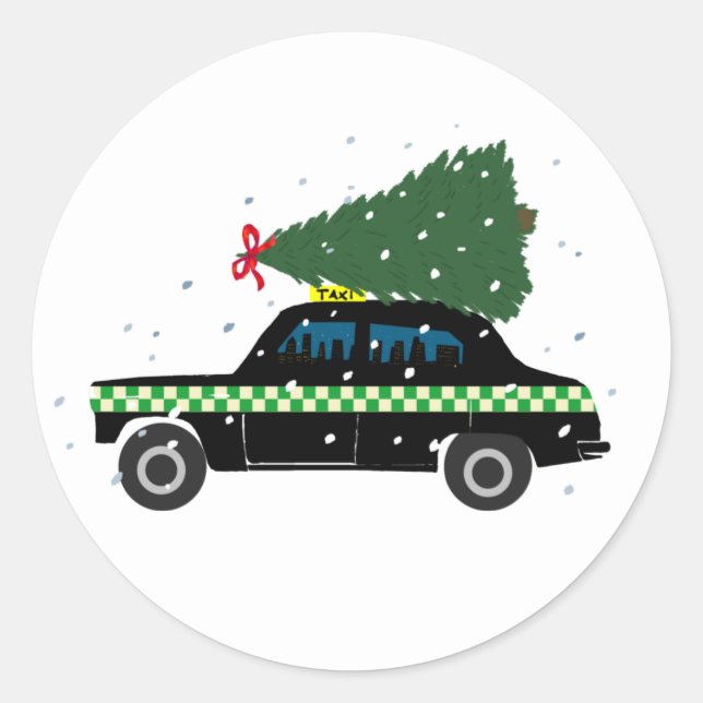 Black Cab Taxi Christmas Tree Drawing Snow  Classic Round Sticker (Front)