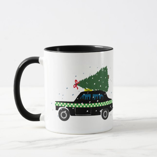 Black Cab Taxi Christmas Tree Drawing Snow  Mug (Left)
