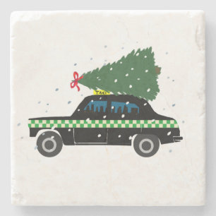 Black Cab Taxi Christmas Tree Drawing Snow Stone Coaster