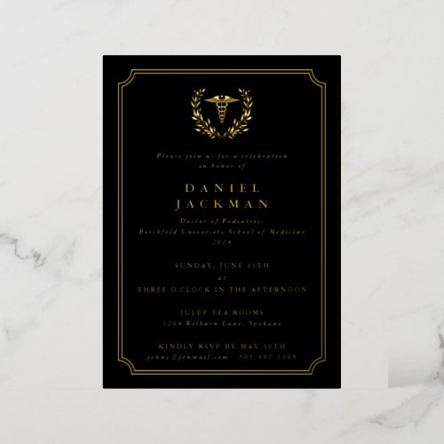 Black CaduceusLaurel Medical School Graduation Foil Invitation