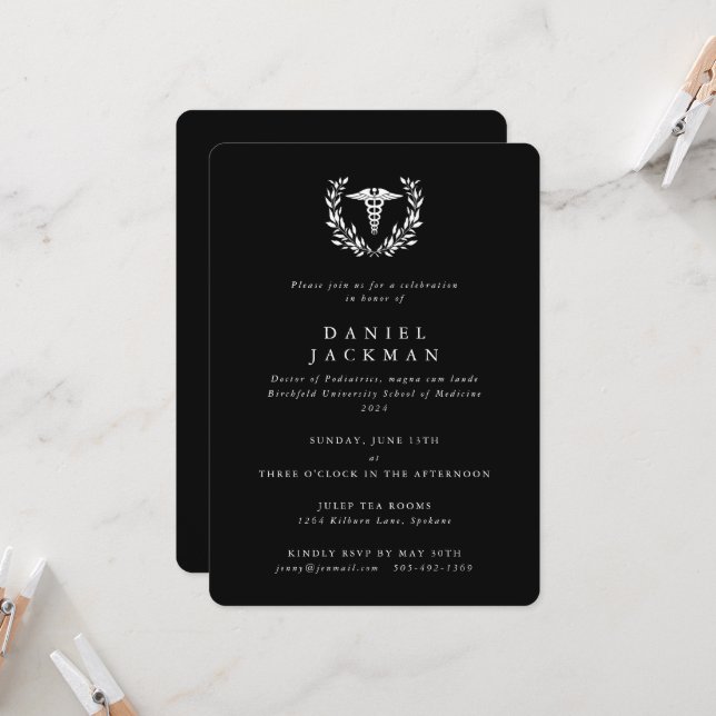 Black Caduceus+Laurel Medical School Graduation Invitation (Front/Back In Situ)