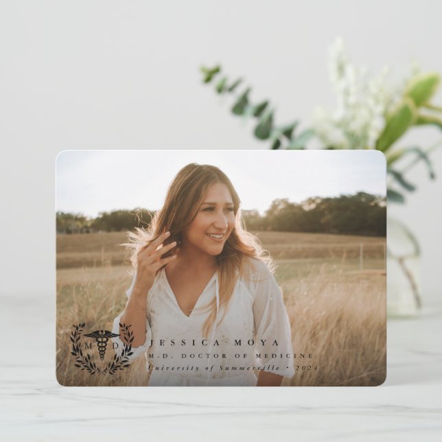 Black Caduceus MD Doctor of Medicine Graduation Announcement (Standing Front)