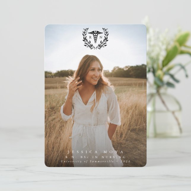 Black Caduceus RN Registered Nurse Graduation Announcement (Standing Front)