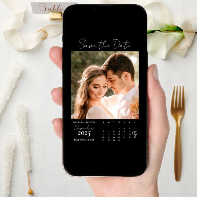 Black Calendar Couple Two Photo Wedding Save The Date (Front Digital)