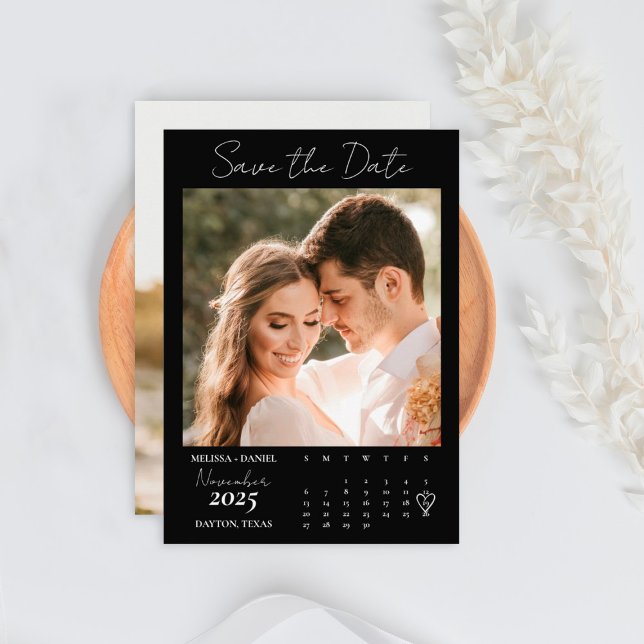 Black Calendar Couple Two Photo Wedding Save The Date (Creator Uploaded)