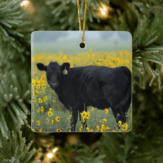 Black Calf in a Field of Sunflowers Ceramic Ornament (Tree)