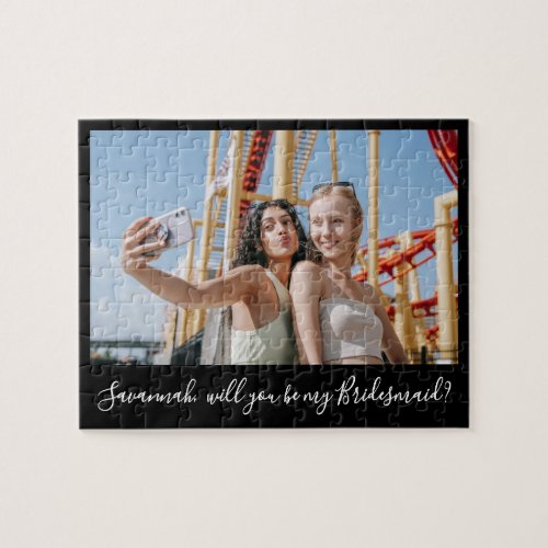 Black Calligraphy Custom Photo Bridesmaid Proposal Jigsaw Puzzle