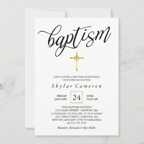 Black Calligraphy Gold Cross Baptism Invitation