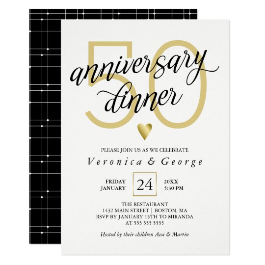 Black Calligraphy Gold Heart Anniversary Dinner Invitation | Zazzle.com