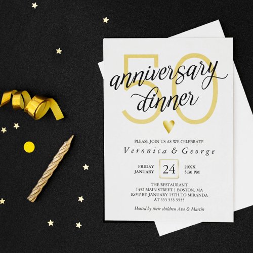 Black Calligraphy Gold Heart Anniversary Dinner Invitation