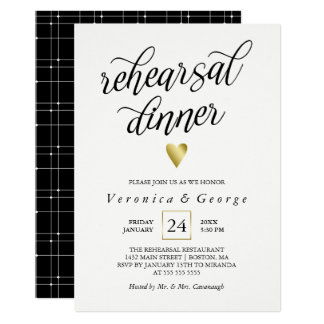 Black Calligraphy Gold Heart Rehearsal Dinner Invitation
