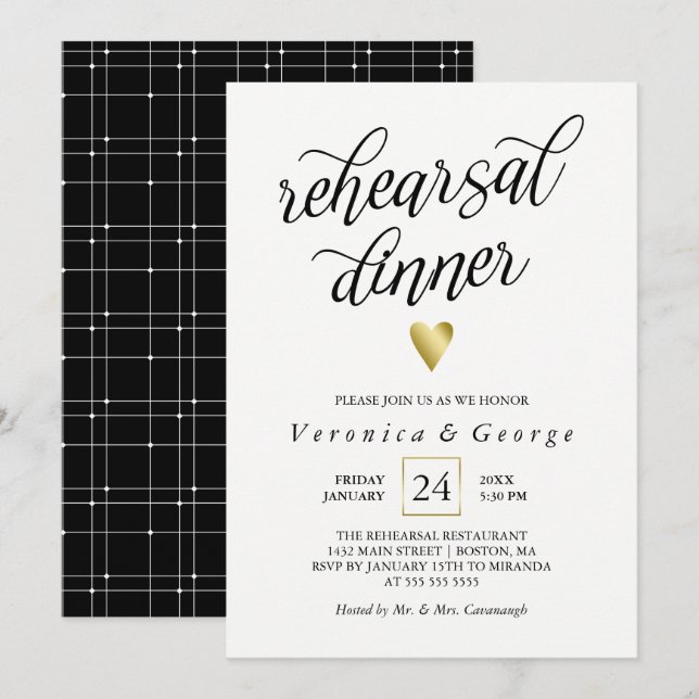 Black Calligraphy Gold Heart Rehearsal Dinner Invitation (Front/Back)