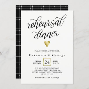 Black Calligraphy Gold Heart Rehearsal Dinner Invitation