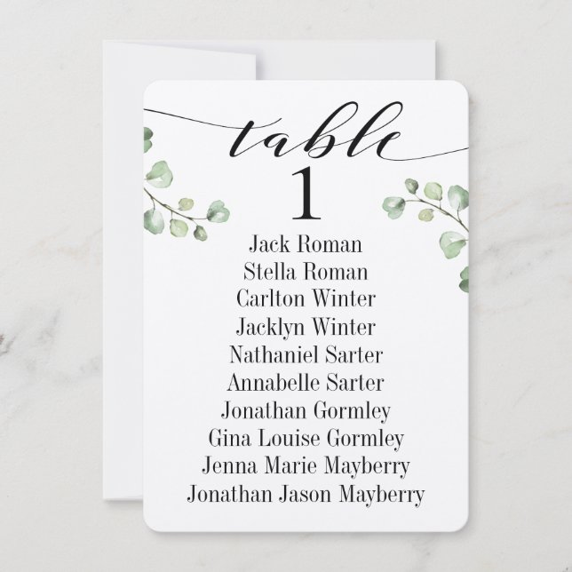 Black Calligraphy Greenery Seating Chart Card 10 (Front)