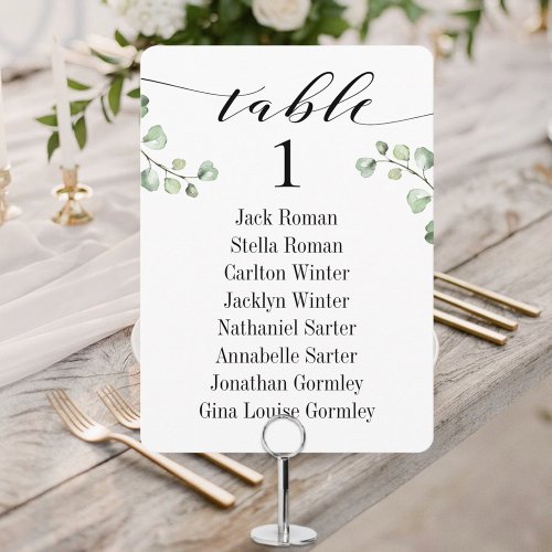 Black Calligraphy Greenery Seating Chart Cards
