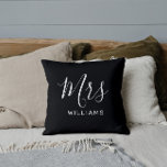 Black Calligraphy Newlywed Bride Mrs Pillow<br><div class="desc">A perfect bridal shower or wedding gift. This beautiful cushion cover features an elegant and stylish calligraphy text that reads "Mrs" and editable surname text below.</div>