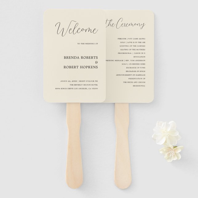 Black Calligraphy On Beige Wedding Hand Fan (Front and Back)