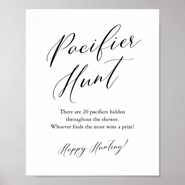 Black Calligraphy Pacifier Hunt Baby Shower Game Poster (Front)