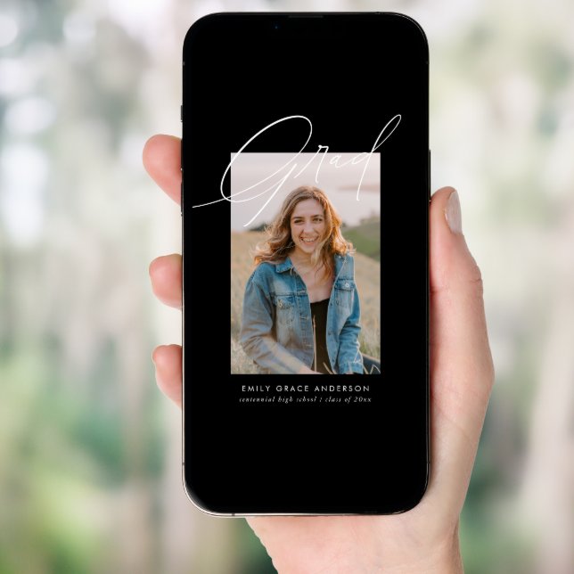Black Calligraphy Photo Budget QR Code Graduation Invitation (Front Digital)