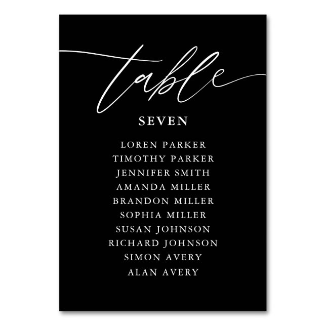 Black Calligraphy Rustic Wedding Seating Chart Table Number (Front)