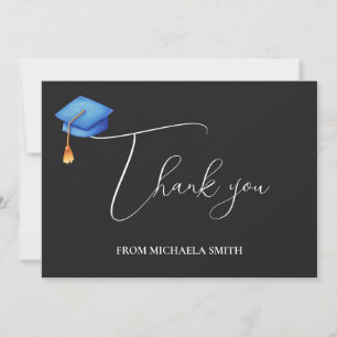 Black Calligraphy Script Blue Cap Graduation Thank You Card