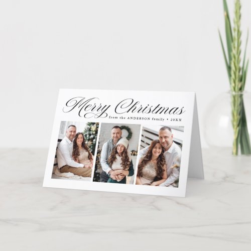 Black Calligraphy Script Merry Christmas 3 Photo Holiday Card