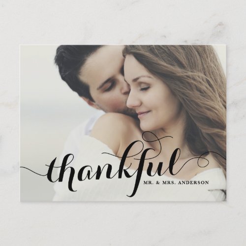 Black Calligraphy Script Thankful Wedding Photo Postcard