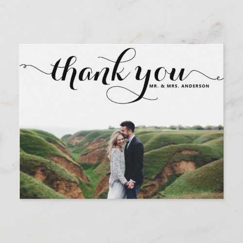 Black Calligraphy Script Wedding Photo Thank You Postcard