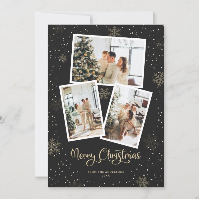 Black Calligraphy Snow Photo Merry Christmas Card (Front)