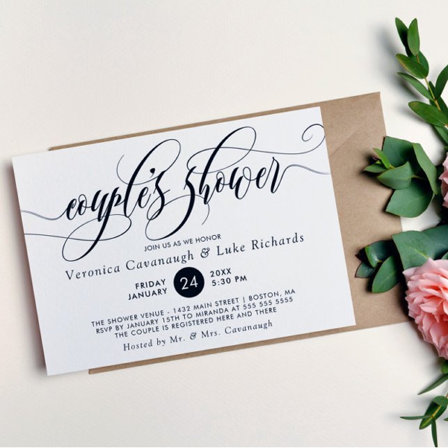 Black Calligraphy Swirls Couple's Shower Invitation (Creator Uploaded)